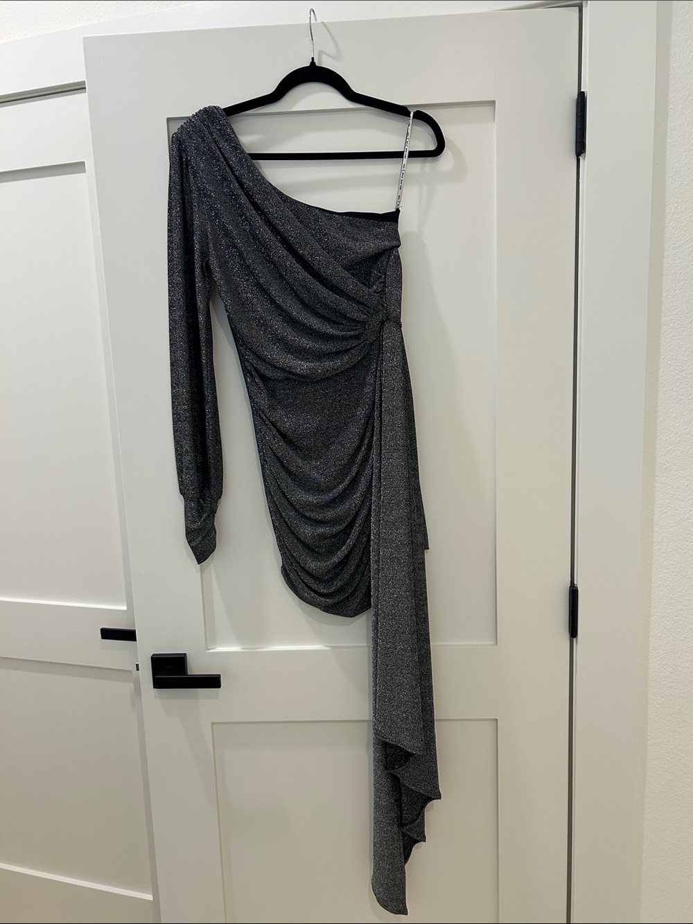 Miss Circle Metallic Charcoal One-Shoulder Draped Evening Dress. Xs
